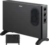 A black electric convector heater with two feet, shown from a slightly diagonal angle. A smaller inset image of the same heater is shown in the bottom left corner. Produktbild-Vorschau