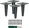 Four black metal furniture legs and a set of screws and a screwdriver. Produktbild-Vorschau
