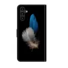 A close-up of a phone case with a black background, featuring two feathers, one blue and one white and brown. Produktbild-Vorschau