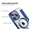 Close-up view of a blue iPhone case, highlighting its features with text labels. Produktbild-Vorschau