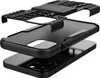 An exploded view of a black phone case, showing its multiple layers and how it fits onto a black smartphone. Produktbild-Vorschau