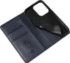 A blue leather flip phone case is shown open, revealing card slots and a black phone holder. Produktbild-Vorschau