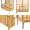 A collage of four images showing different angles and details of a wooden coat rack with shelves. Podgląd zdjęcia produktu