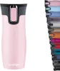 A pink Contigo travel mug is shown next to a vertical display of other colored travel mugs. Podgląd zdjęcia produktu