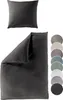 A dark gray pillow and duvet cover are displayed against a white background, with a vertical row of circular color swatches to the right. Produktbild-Vorschau