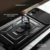 Close-up of a black phone case with a ring holder and camera cover, featuring descriptive text labels. Produktbild-Vorschau