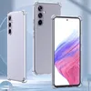 Three transparent phone cases are displayed on a light blue and white background with some spherical elements. Produktbild-Vorschau