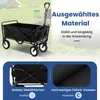 A black foldable garden wagon is shown in an outdoor setting with tents and chairs in the background. The image also includes close-ups of the wagon's frame and fabric. Náhled obrázku produktu