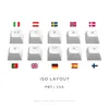 A grid of keyboard keycaps with various flag icons and characters, along with text indicating 'ISO LAYOUT PBT | CSA' and 'ALSO AVAILABLE IN ANSI LAYOUT'. Náhľad obrázku produktu