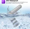 A white electric cleaning brush is shown partially submerged in water, with water splashing around it. The brush head is visible underwater. Produktbild-Vorschau