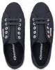 A top-down view of a pair of navy blue Superga sneakers with white laces and soles, set against a white background. Produktbild-Vorschau