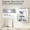 A white glass display cabinet filled with collectibles, mounted on a wall above a shelf with decorative items. Produktbild-Vorschau