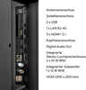 A close-up view of the ports and connections on the back of a television, with a list of features and specifications next to it. Produktbild-Vorschau