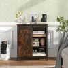 A rustic wooden sideboard with sliding doors is displayed in a well-lit room, showcasing its storage capacity and decorative potential. Náhľad obrázku produktu