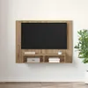 A TV cabinet mounted on a white wall with a TV screen and shelves. Anteprima dell’immagine prodotto