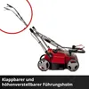 A red and black electric lawn scarifier/aerator is shown with its handle folded. A close-up inset shows the handle mechanism. Produktbild-Vorschau