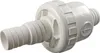 A white PVC check valve with hose barb fittings on both ends, isolated on a white background. Produktbild-Vorschau