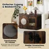 A dog crate designed to look like furniture, shown in a living room setting with decorative elements. Close-up shots highlight specific features. Náhled obrázku produktu