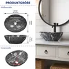 Diagrams showing the dimensions of a marble-patterned sink, with a lifestyle shot of the sink in a bathroom setting on the right. Produktbild-Vorschau