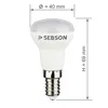 A white LED light bulb with dimensions indicated by lines and text. Produktbild-Vorschau
