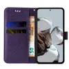 A purple flip phone case with card slots and a banknote is shown open, with a smartphone inside displaying a wallpaper. Produktbild-Vorschau