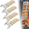 A collage of four salmon grilling boards on the left and a close-up of one board with salmon on it over a fire on the right. Produktbild-Vorschau
