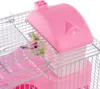 A close-up view of a pink plastic house accessory attached to a silver wire cage for small rodents. Náhľad obrázku produktu