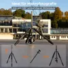 A tripod with a camera attached, set up outdoors with a building and crane in the background. Below, there are three smaller images showing different configurations of the tripod. Anteprima dell’immagine prodotto