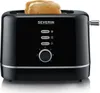 A black Severin toaster with two slices of toast in it, shown from the front. Produktbild-Vorschau