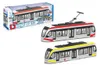 A product shot of two toy trams, one red and white, the other yellow and white, with their packaging in the background. Podgląd zdjęcia produktu
