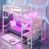 A loft bed with a sofa and desk underneath, set in a room with neon lighting. Náhled obrázku produktu