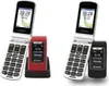 Two Olympia flip phones are displayed, one red and one black, each with its charging cradle. The phones are open, showing their screens and keypads. Anteprima dell’immagine prodotto