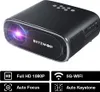A black projector with a lens emitting light, placed on a white background. Below the projector are four feature callout boxes. Podgląd zdjęcia produktu