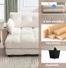 A collage of images showcasing different features of a beige sofa, including its adjustable backrest, wooden frame, and plastic feet. Produktbild-Vorschau