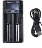 A black dual battery charger with a USB cable on a white background. Produktbild-Vorschau