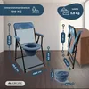A blue and gray foldable commode chair is shown in a room with a wooden cabinet in the background. Dimensions and weight capacity are displayed. Anteprima dell’immagine prodotto