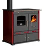 A freestanding wood-burning stove with a black chimney pipe, red side panels, and a dark gray front. The front features two glass-doored compartments, one showing a fire, and two drawers below. Anteprima dell’immagine prodotto