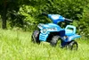 A blue toy quad bike sits on a grassy lawn with trees in the background. Anteprima dell’immagine prodotto
