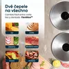 A collage of images showing different foods being sliced by a kitchen slicer, with close-ups of the slicer blades on the side. Náhled obrázku produktu