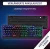 A black wireless keyboard with RGB lighting is shown, with a view of its back. Text overlays highlight features. Produktbild-Vorschau
