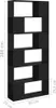 A black, multi-shelf bookshelf is shown against a white background with dimensions indicated. Náhled obrázku produktu