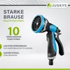 A marketing image showing a multi-function spray nozzle for a garden hose, with text highlighting its features. Produktbild-Vorschau