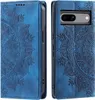 A collage of two views of a blue flip phone case with a mandala design. Produktbild-Vorschau