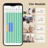 A collage of images showing different modes of operation for a heating device, alongside a screenshot of its app interface. Produktbild-Vorschau