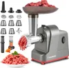 A meat grinder with various attachments and a pile of ground meat, presented on a white background. Produktbild-Vorschau
