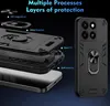 A disassembled protective phone case with labels pointing out its features, next to a fully assembled case on a phone. Produktbild-Vorschau