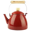 A red enamel kettle with a wooden handle is shown against a white background. Podgląd zdjęcia produktu