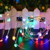 A close-up of a string of colorful LED lights with a blurred background of greenery and a white fence. Produktbild-Vorschau