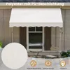 A white awning is installed above a window on a house, with a small table and chair set on the patio below. A close-up inset shows water droplets on the awning fabric. Anteprima dell’immagine prodotto