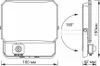Technical drawing of an LED floodlight with dimensions and motion sensor. Produktbild-Vorschau
